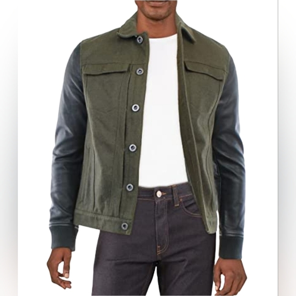 Calvin Klein Jeans Other - Calvin Klein Men's Classic Olive Wool Blend and Black Faux Leather Car Coat XL